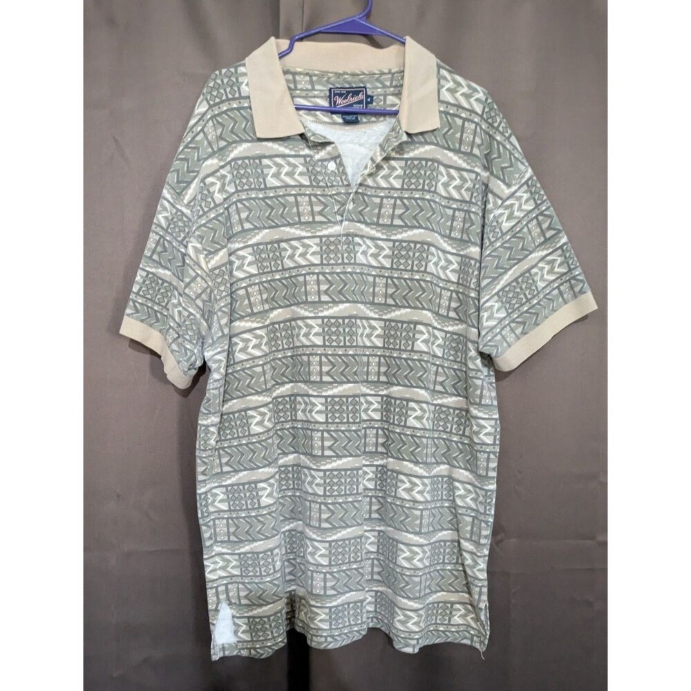 WoolRich Rugged Outdoor Abstract Art Polo Shirt Mens XL Brown Cotton